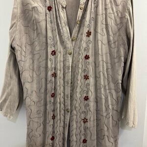 Beige Embroidered Button-Up Blouse
